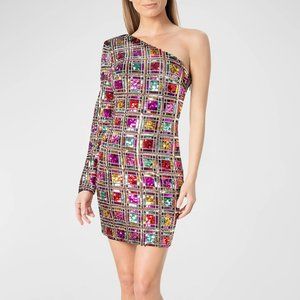 Dress The Population Serena Multicolor One Shoulder Mini Dress